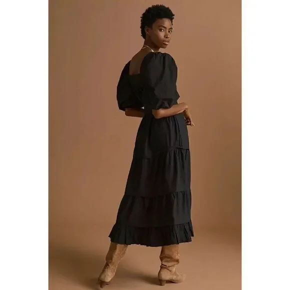 NWT ANTHROPOLOGIE X LOVE THE LABEL Sz M POPLIN PUFF SLEEVED TIERED MIDI DRESS - Picture 2 of 4